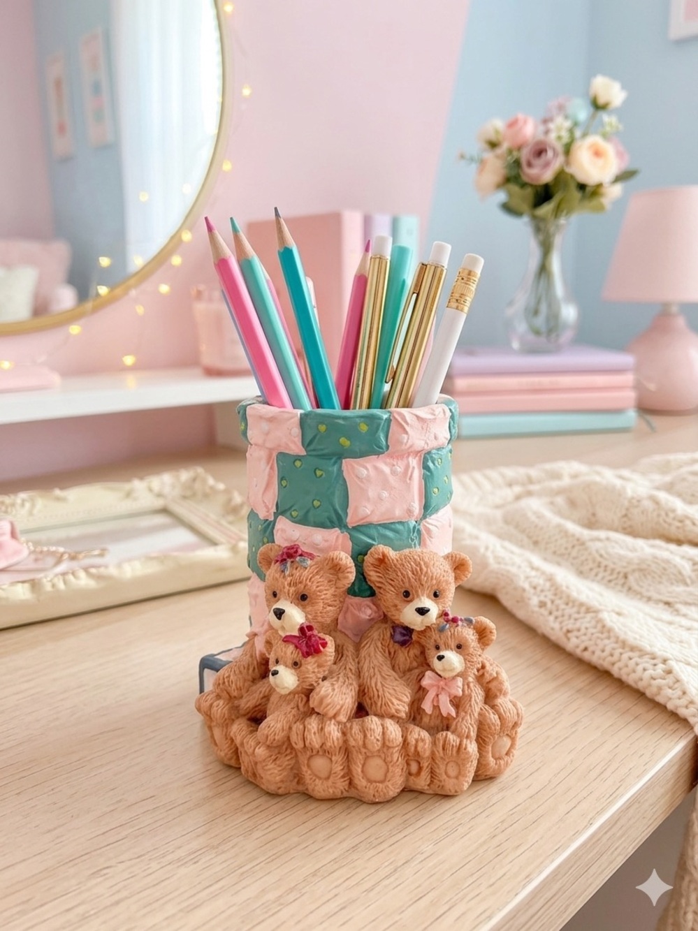 Vintage 90’s Brown Bear Pencil Holder Resin  Teacher Teddy bear Lover Gift